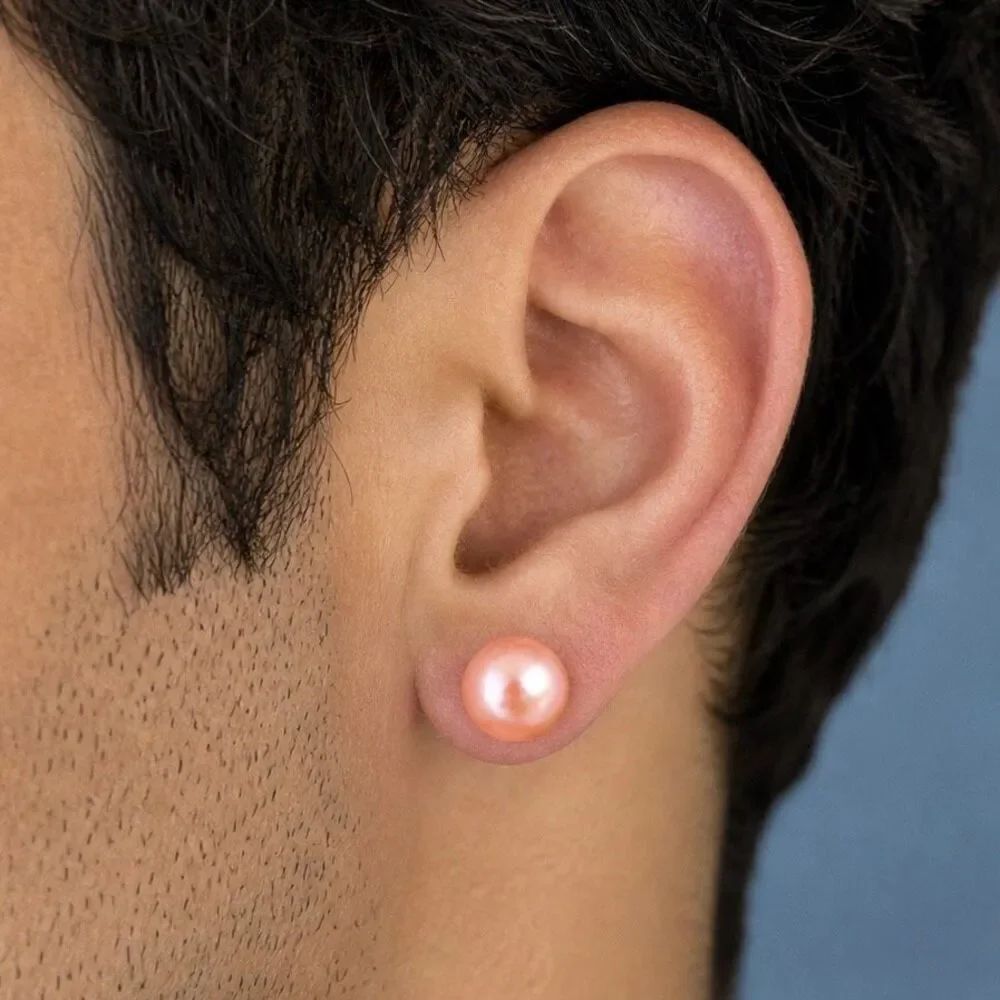 Men’s Large Pink Freshwater Pearl Stud Earrings in Gold Tone - 9-10mm